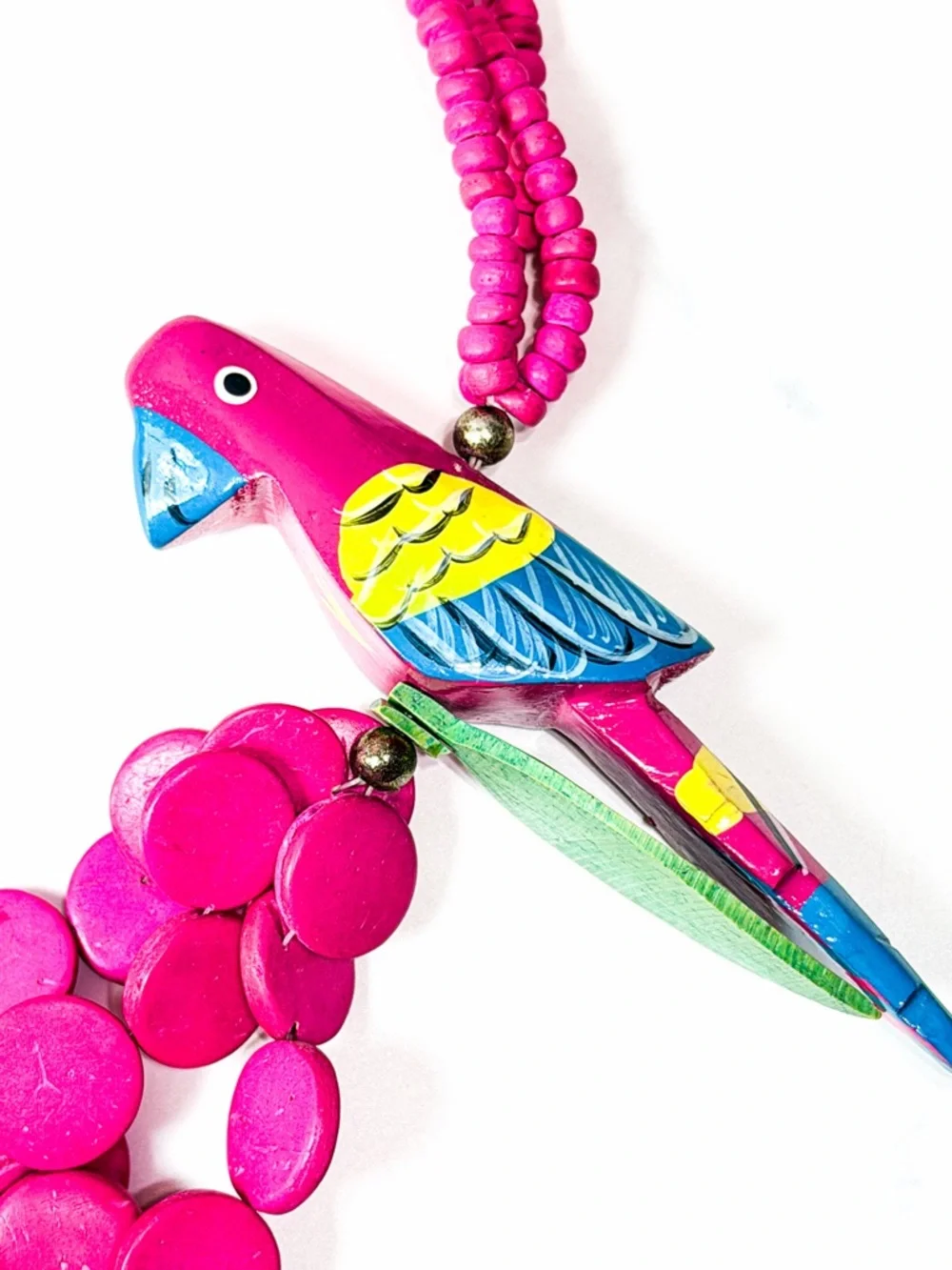 💕2/$30 Vintage Hand Painted Wooden Parrot Necklace Hot Pink Tropical Statement - Picture 3 of 8